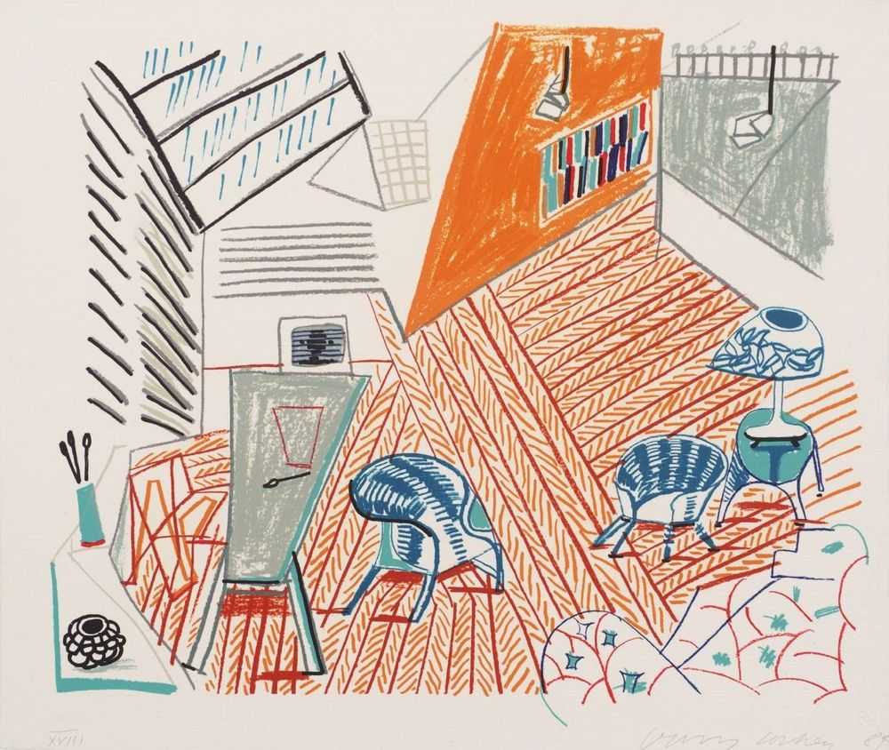 David Hockney, ‘Pembroke Studio With Blue Chairs And Lamp’, 1984, Print, Lithograph on paper, null, Numbered