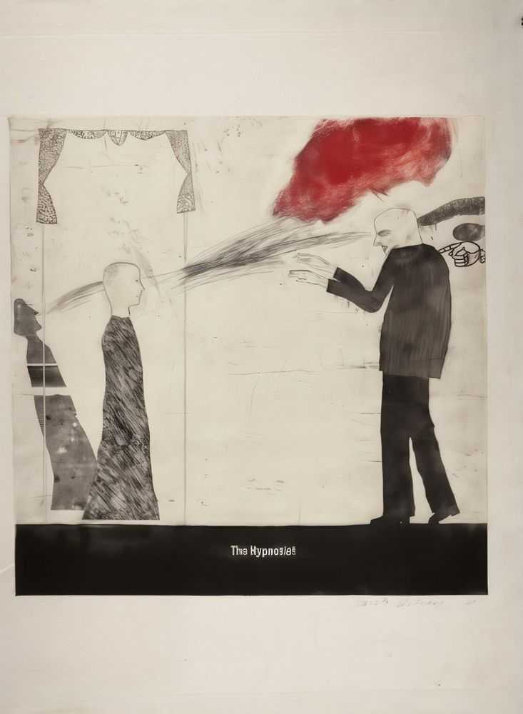 David Hockney, ‘The Hypnotist MCA Tokyo’, 1963, Print, Etching and aquatint printed in red and black on English handmade paper, null, Numbered