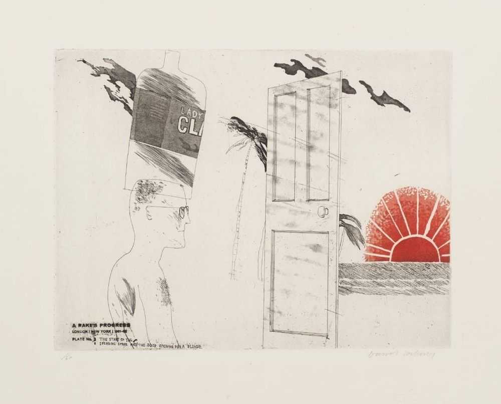 David Hockney, ‘The Start Of A Spending Spree And The Door Opening For A Blonde’, 1961, Print, Etching and aquatint, null, Numbered