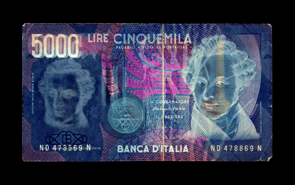 David LaChapelle, ‘Negative Currency - 5000 Lira Used As Negative’, 2015, Print, Chromogenic print, null, Numbered, Dated