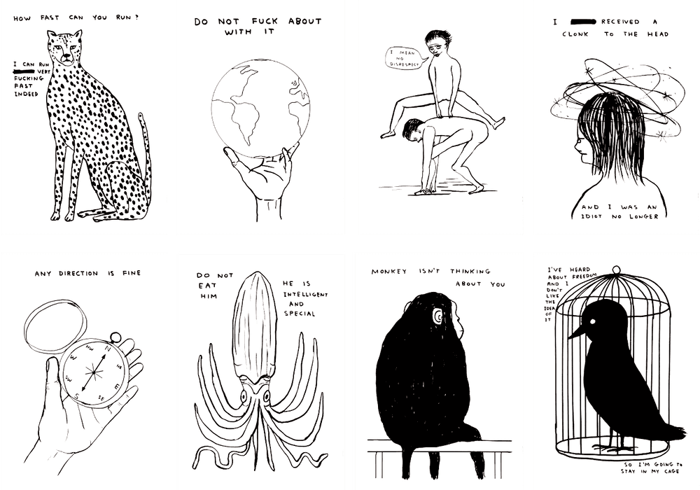David Shrigley, ‘Human Behaviour & Animals & Existentialism' (Set of 8 Posters)’, 2022, Print, Set of 8 offset lithographs printed on 200g Arctic Volume, Shrig Shop,