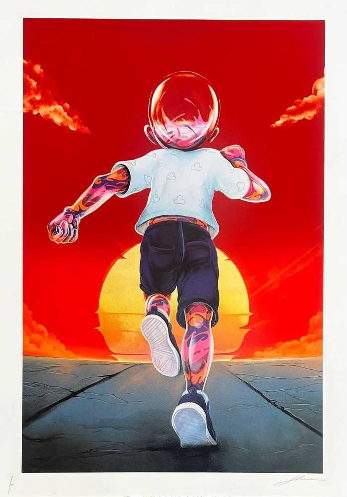 Flog, ‘New Horizons (Blood Red Sky with Gold Leaf Sun)’, 2024, Print, 23 colour screen print on 330 gsm Somerset paper with gold leaf, Graffiti Prints, Numbered