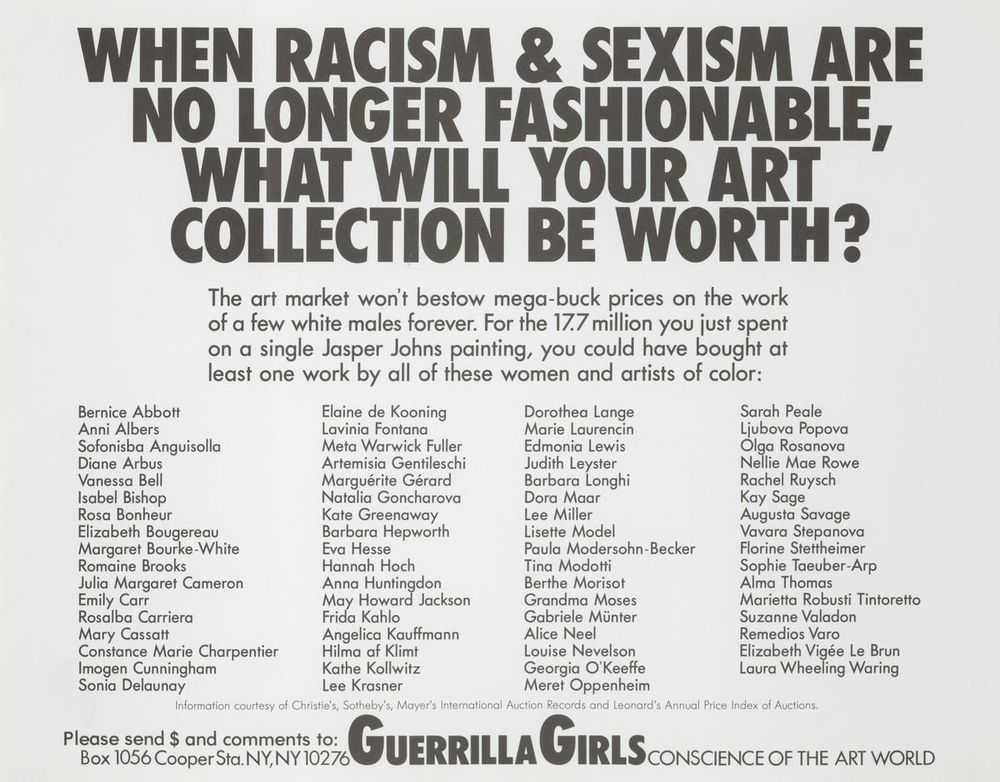 Guerrilla Girls, ‘When Racism And Sexism Are No Longer Fashionable, How Much Will Your Art Collection Be Worth’, 1989, Print, Screenprint on paper, null,