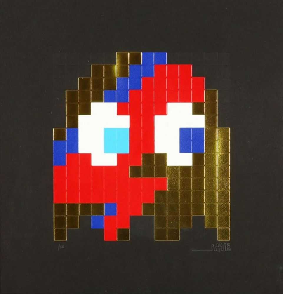 Invader, ‘Aladdin Sane (Gold)’, 2014, Print, 3 colours hand pulled screenprint on Somerset black 400gsm paper Foiled eyes, metallic and fully embossed, Pictures on Walls, Numbered, Dated