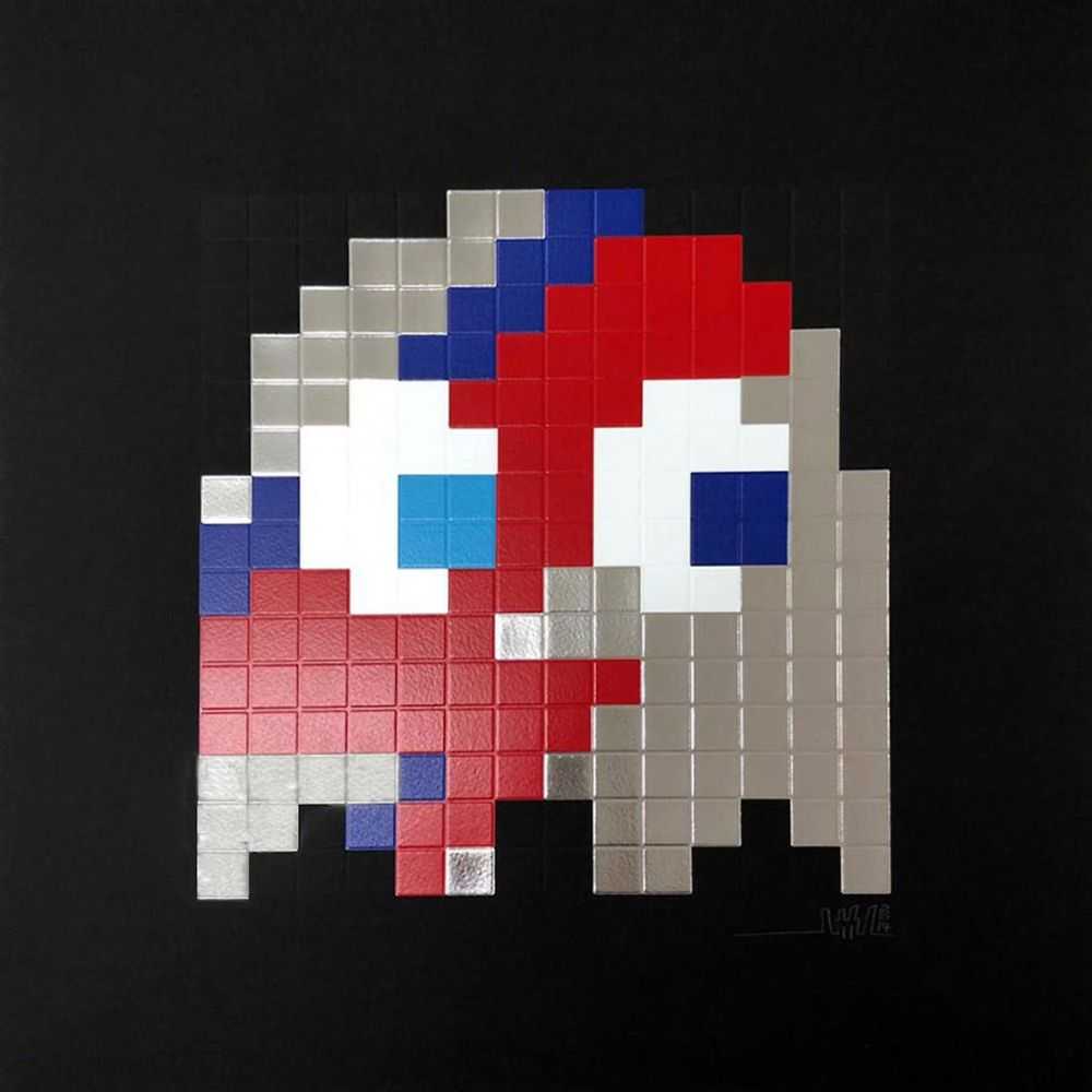 Invader, ‘Aladdin Sane (Silver)’, 2014, Print, 5 colours hand pulled screenprint on Somerset black 400gsm paper Foiled eyes, metallic and fully embossed, Pictures on Walls, Numbered, Dated