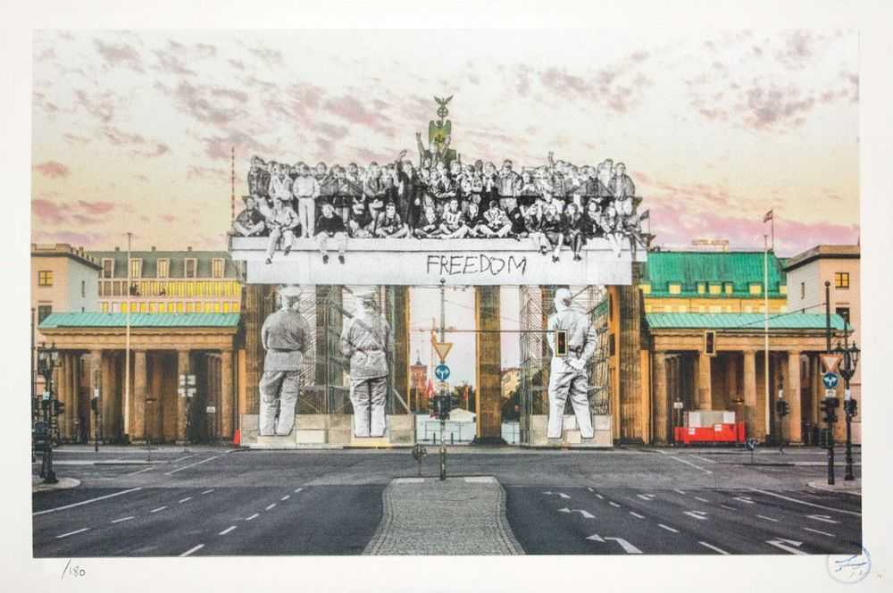 JR, ‘GIANTS, BRANDENBURG GATE, SEPTEMBER 27, 2018, 18H55, © IRIS HESSE, ULLSTEIN BILD, ROGER VIOLLET, BERLIN, GERMANY, 2018’, 2020, Print, 14 colours lithography printed with Marinoni machine on white BFK Rives 300gsm, Social Animals, Numbered, Dated