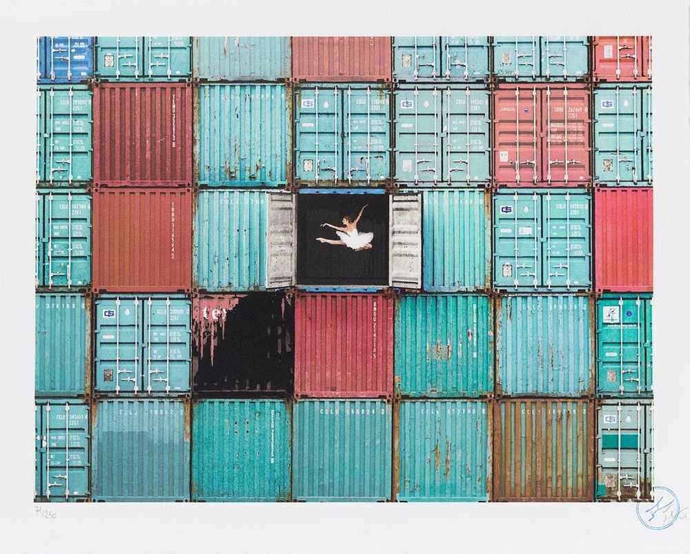 JR, ‘The Ballerina Jumping In Containers, Le Havre, France, 2014’, 2018, Print, 38 colours lithography printed with Marinoni machine on white BFK Rives 250gsm, Social Animals, Numbered, Dated