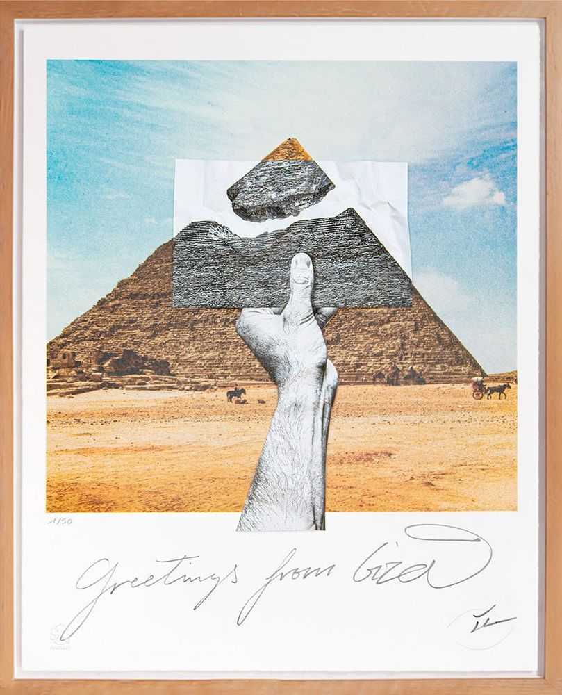 JR, ‘Trompe l'oeil, Greetings From Giza, Pasting on Lithograph, Giza, Egypt, 2022’, 03-11-2022, Print, 16-color lithographic printing on Marinoni machine & handmade collage, AtelierJR, Numbered, Handfinished, Framed