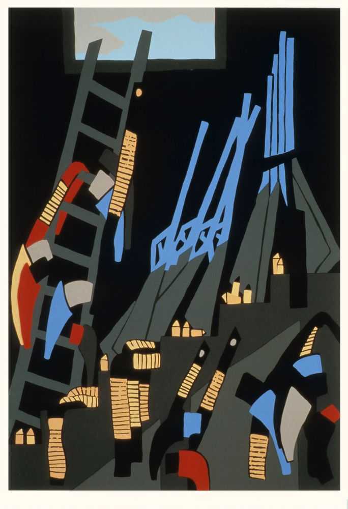 Jacob Lawrence, ‘No. 18 July 3, 1859, John Brown stocked an old barn with guns and ammunitions. He was ready to strike his first blow at slavery (The Legend of John Brown Series)’, 1977, Print, Colour screenprint on Domestic Etching paper, The Detroit Institute of Arts, Numbered