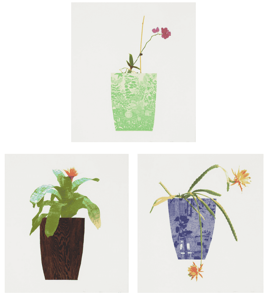 Jonas Wood, ‘Three Landscape Pots: Night Bloom, Orchid and Bromeliad’, 2019, Print, Etchings with collage and photolithography on handmade paper, Pace Gallery, Numbered