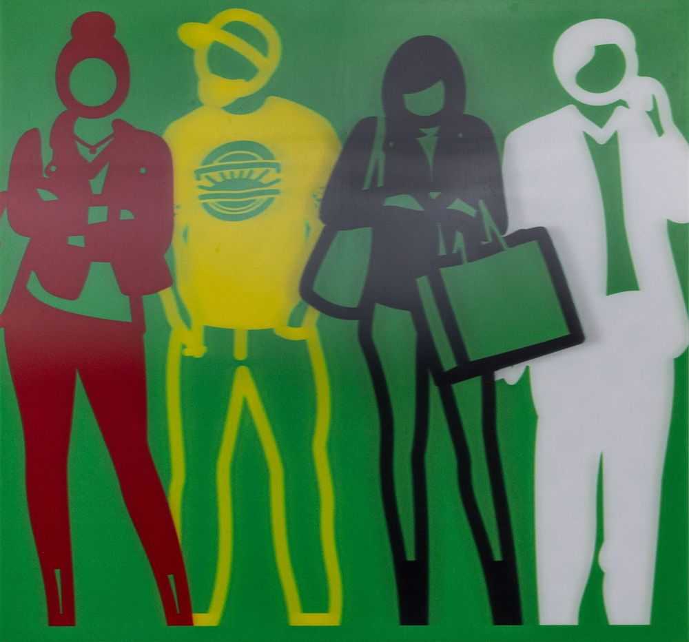 Julian Opie, ‘Standing People (Red, Yellow, Black, White)’, 2020, Print, Lenticular acrylic panel mounted onto white acrylic, null, Numbered