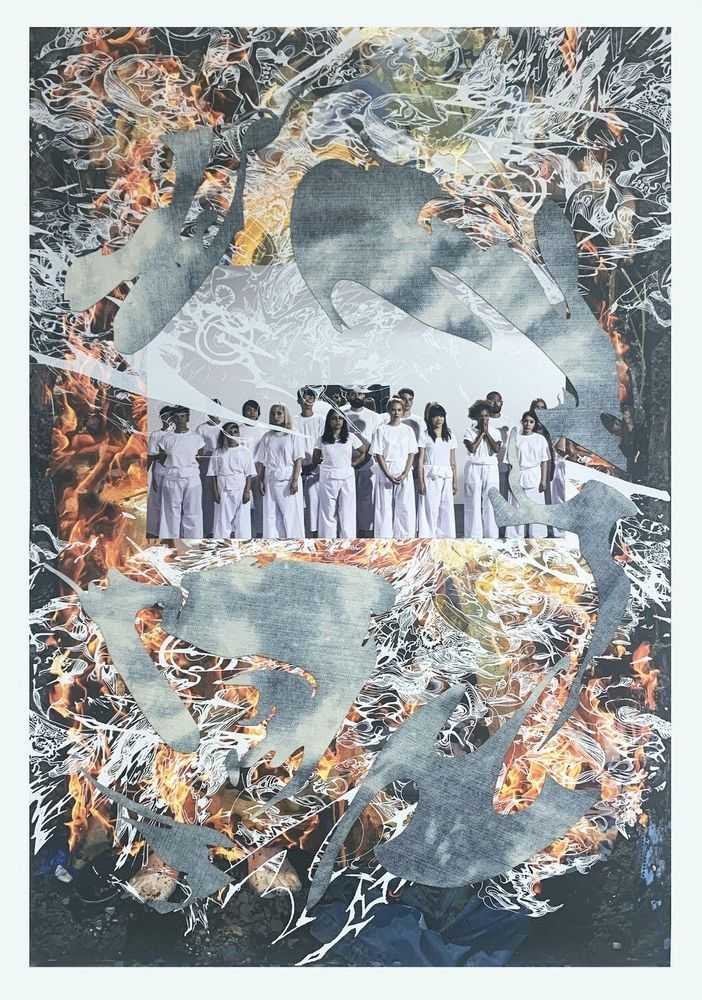 Korakrit Arunanondchai, ‘Together with history in a room filled with people with funny names in New York 2017’, 2021, Print, Screenprint and Epson pigment print with cut and collaged denim, LeRoy Neiman Center for Print Studies,