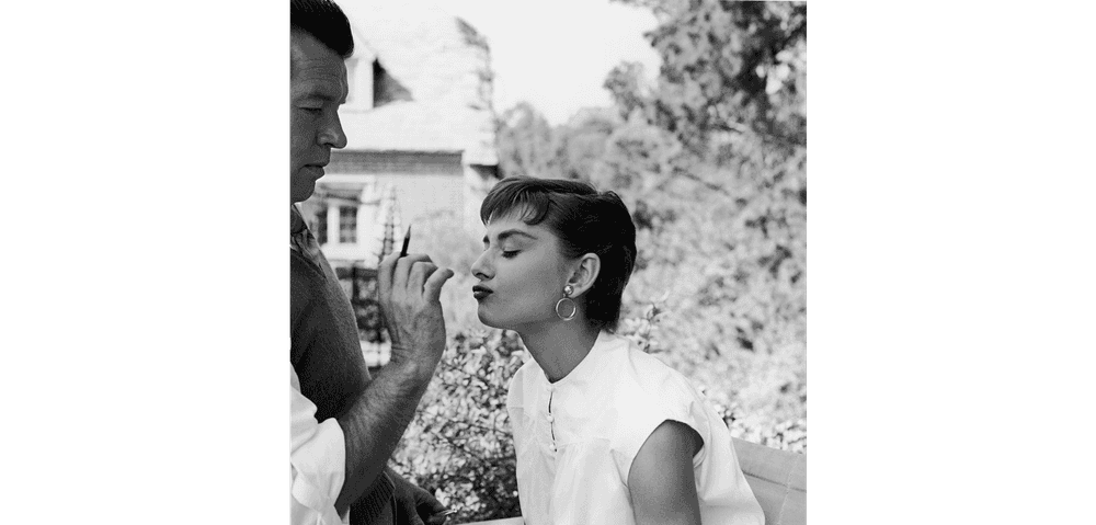 Mark Shaw, ‘Audrey Hepburn, Wally Westmore on the Set of Sabrina, 1953’, 1953, Print, Pigment print on Hahnemϋhle photo rag paper, null,