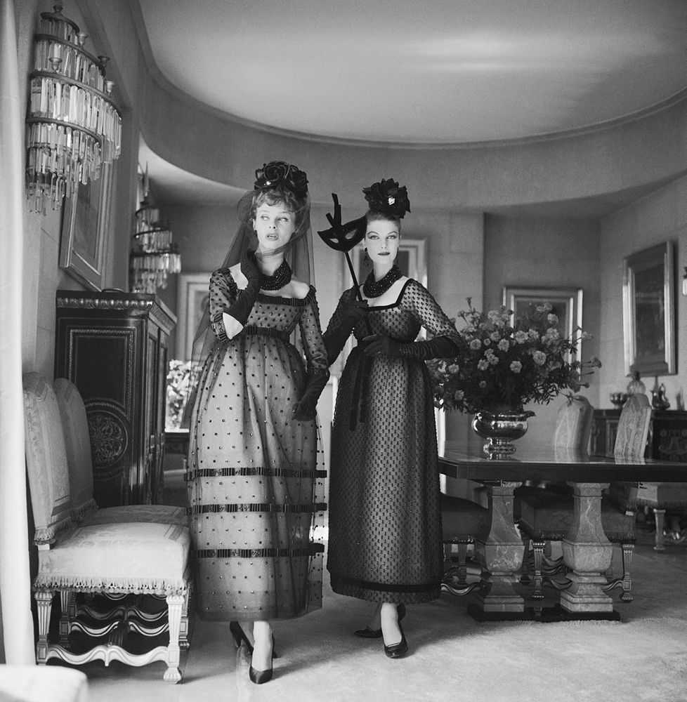 Mark Shaw, ‘Dior, Two Girls in Dresses by Dior's New Designer Yves St. Laurent, B&W’, 1958, Print, Pigment print on Hahnemϋhle photo rag paper, null,