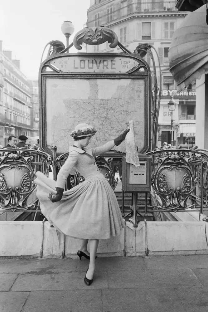 Mark Shaw, ‘Grey Dior Outside Paris Louvre Metro, B&W (Large)’, 1957, Print, Pigment print on Hahnemϋhle photo rag paper, null,