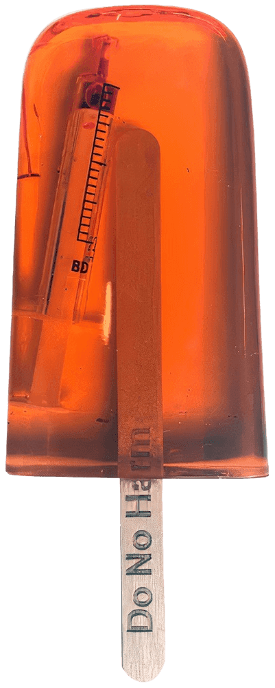 Miss Bugs, ‘Ice Lolly (Syringe Orange)’, 04-07-2019, Sculpture, Handmade resin ice lolly with encapsulated used syringe / surgical blades / pills on a Jesmonite marble plinth, Jealous Gallery,