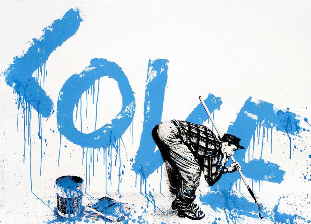 Mr. Brainwash, ‘All You Need Is (Blue)’, 03-08-2018, Print, Three colour screen print on archival art paper with hand finish paint splatter, Self-released, Numbered, Handfinished