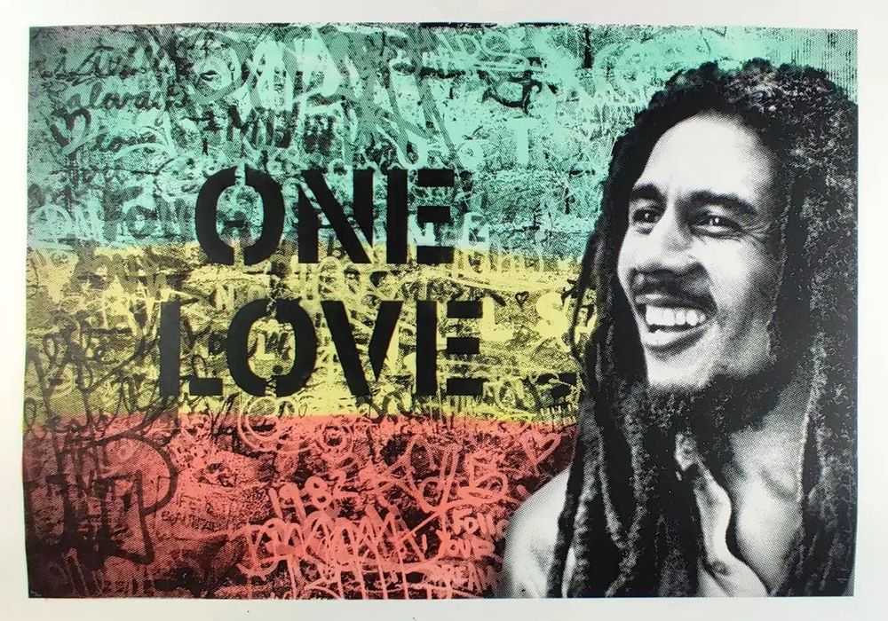 Mr. Brainwash, ‘Happy Birthday Bob Marley - One Love (Black)’, 06-02-2019, Print, One colour screen print hand finished with water colour and a spray painted stencil, Self-released, Numbered, Handfinished