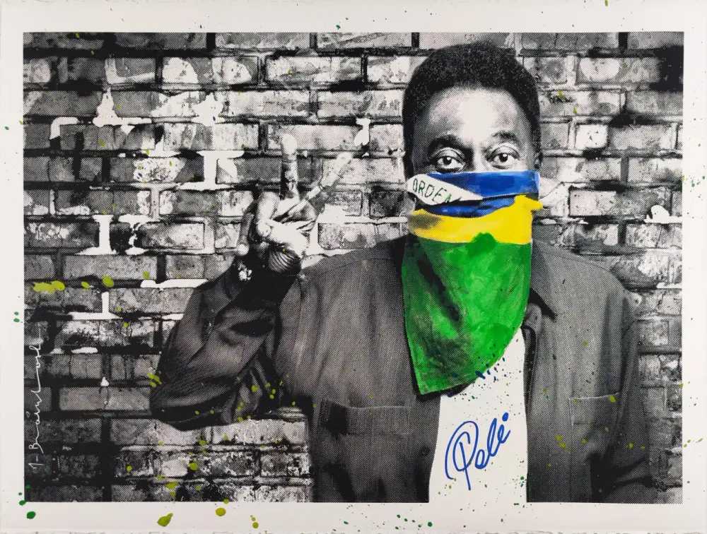 Mr. Brainwash, ‘The King Pele - Flag Portrait (Signed by Pele)’, 19-10-2016, Print, One-colour screenprint on hand-torn archival art paper, hand-finished by the artist, Self-released, Numbered, Handfinished