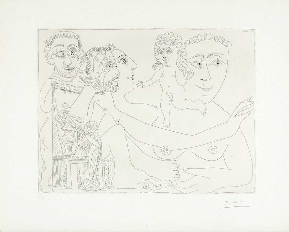 Pablo Picasso, ‘Groupe avec homme dans un fauteuil à boules, pl. 21 (from Serie 347)’, 1968, Print, Drypoint Intaglio Etching on white wove., Galerie L. LeirisBloch 1501; Baer 1517 B b (von C).,