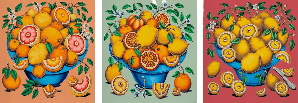 Pedro Pedro, ‘Bowls with Citrus, Flowers and Sliced Tomatoes’, 2021, Print, 20 Color, Hand-Pulled Screenprints on Mohawk Superfine UltraWhite, 160 lb cover, Louis Buhl & Co., Numbered