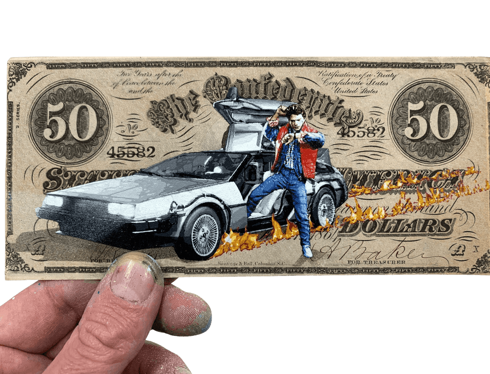 Penny, ‘Back To The Future (Fifty)’, 2020, Print, 40 layer hand cut stencil; Spray paint on genuine vintage Confederate fifty Dollars, circa 1864, Self-released, Handfinished