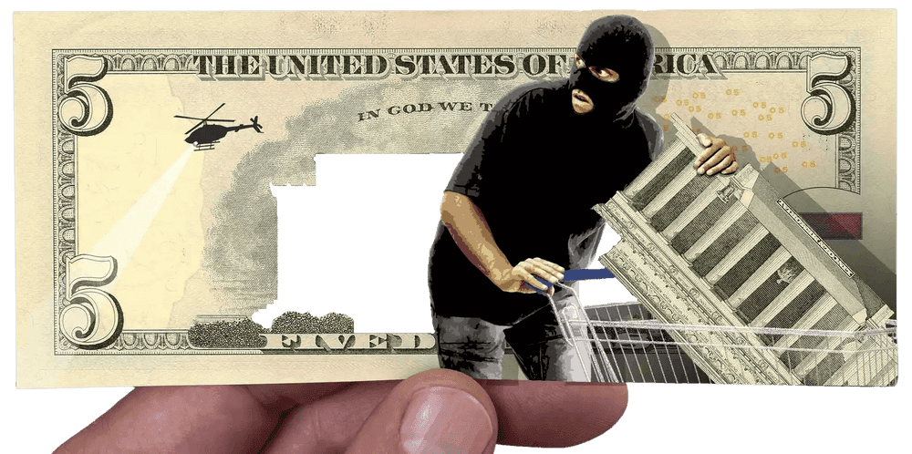 Penny, ‘Institutional Capture - Five - U.S Capitol’, 2022, Print, 34 layer hand cut stencil, spray paint on genuine 5 Dollar bill, Self-released, Dated, Handfinished
