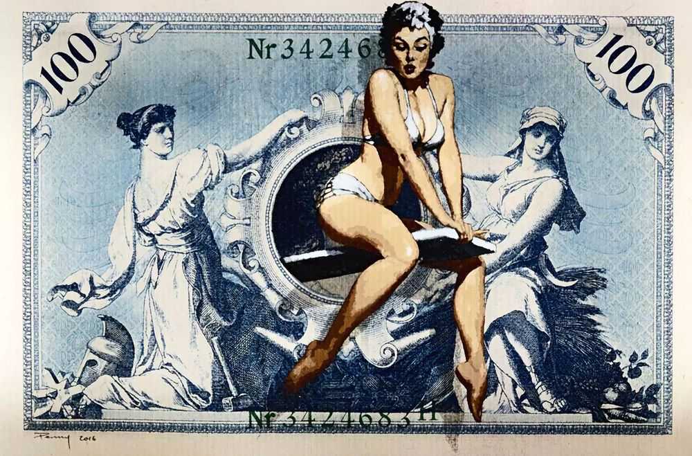 Penny, ‘Splash Marks’, 31-01-2017, Print, 26 layer hand cut stencils painted on vintage 100 Mark banknotes circa 1908, Self-released, Dated, Handfinished