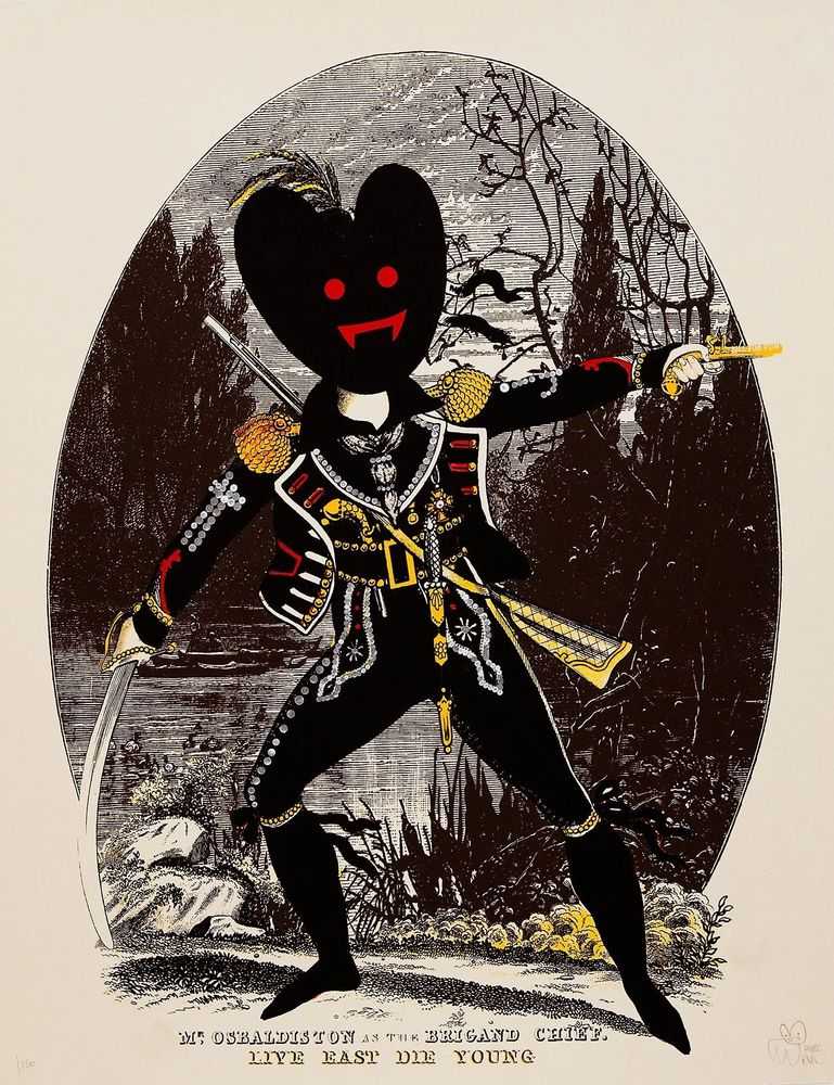 Pure Evil, ‘Mr Osbaldistone as the Brigand Chief - Live East Die Young’, 19-12-2010, Print, 6 colour screenprint with mother of pearl varnish layer, Self-released, Numbered