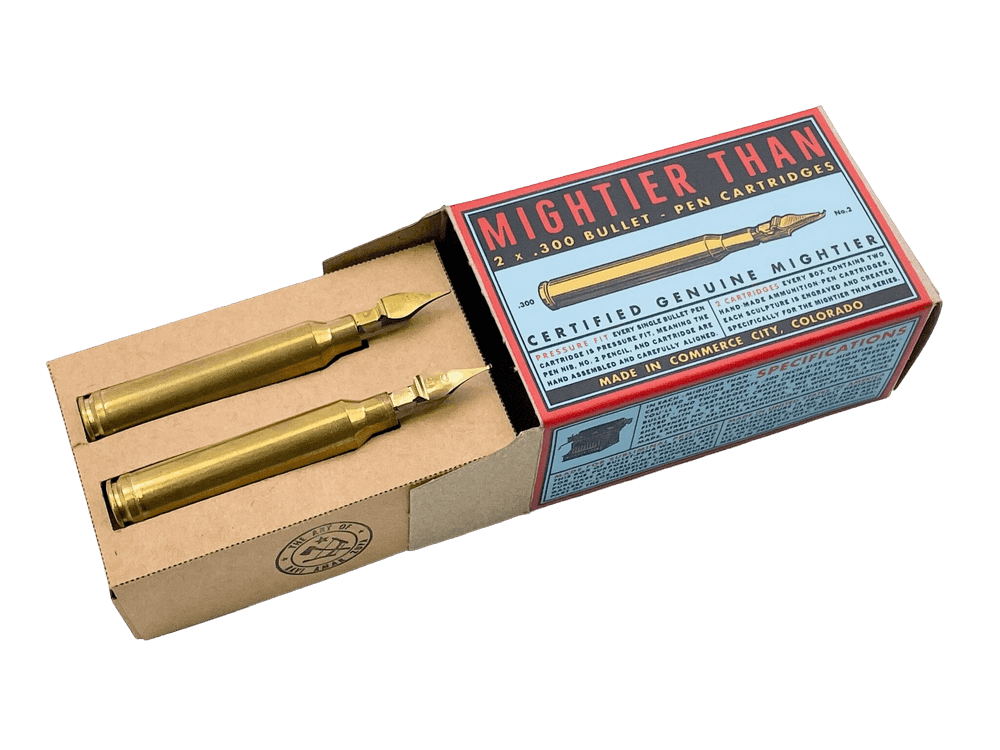 Ravi Zupa, ‘Mightier Than .308 MT Ammunition Box (Blue & Red)’, 2023, Sculpture, Mixed-media box set of two faux .308 bullet sculptures made from a No. 2 pencil and Speedball pen nib, in a custom chipboard and sticker box, null,