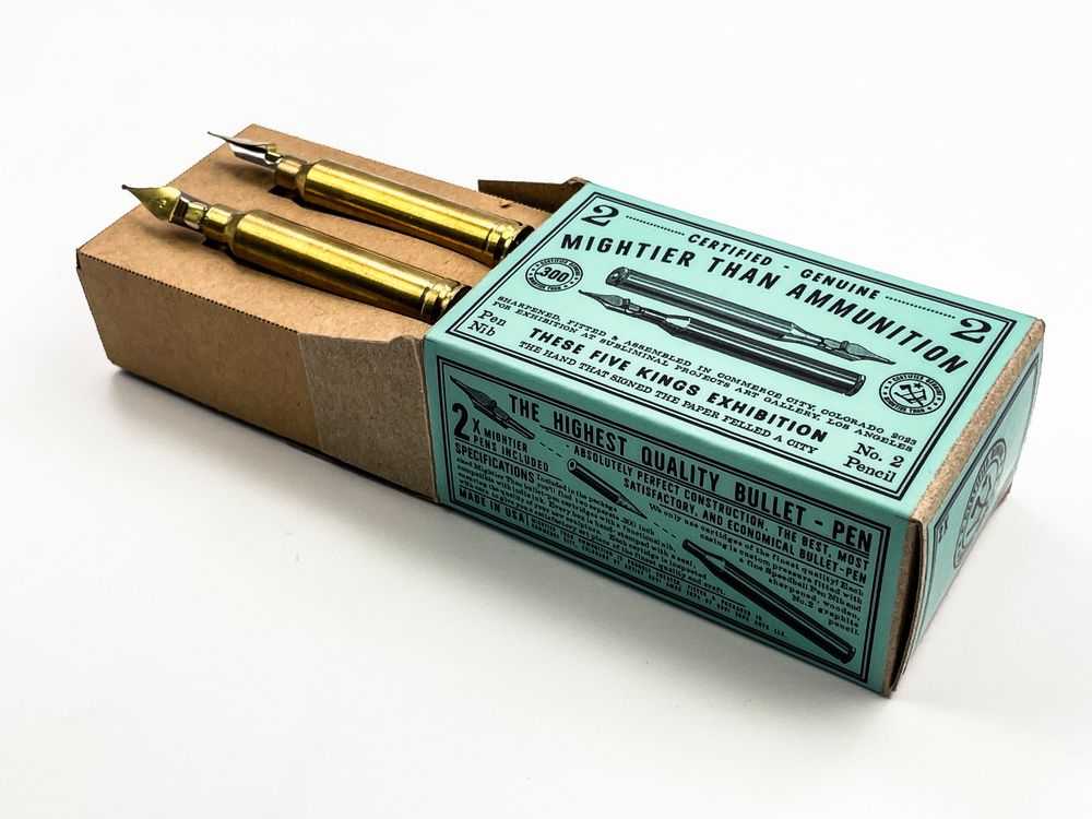 Ravi Zupa, ‘Mightier Than .308 MT Ammunition Box (Turquoise)’, 2023, Sculpture, Mixed-media box set of two faux .308 bullet sculptures made from a No. 2 pencil and Speedball pen nib, in a custom chipboard and sticker box, null,