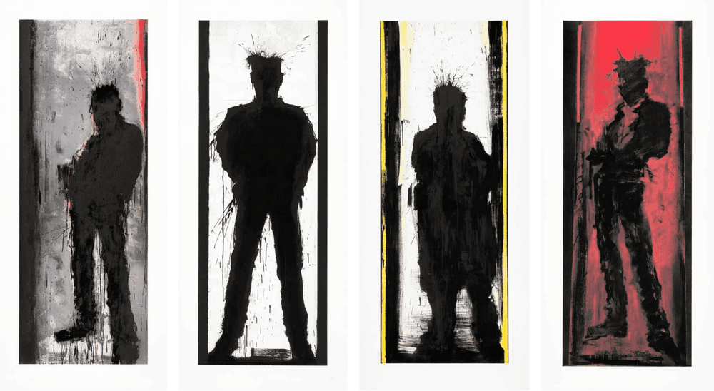 Richard Hambleton, ‘Standing Shadowman (Set of 4: Black and Yellow, Black and White, Black and Silver, Red)’, 2021, Print, Seven colour silkscreen on torn edged Somerset Satin 410gsm, Castle Fine Art, Numbered