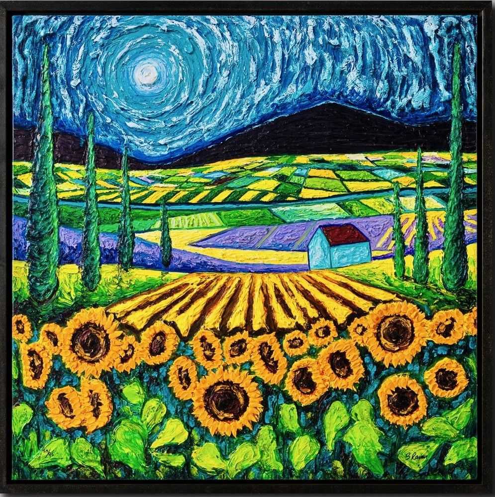 Scarlett Raven, ‘Sunflowers Amongst Cypress Trees (Boxed Canvas)’, 2023, Print, Giclee on paper, Castle Fine Art, Numbered, Framed
