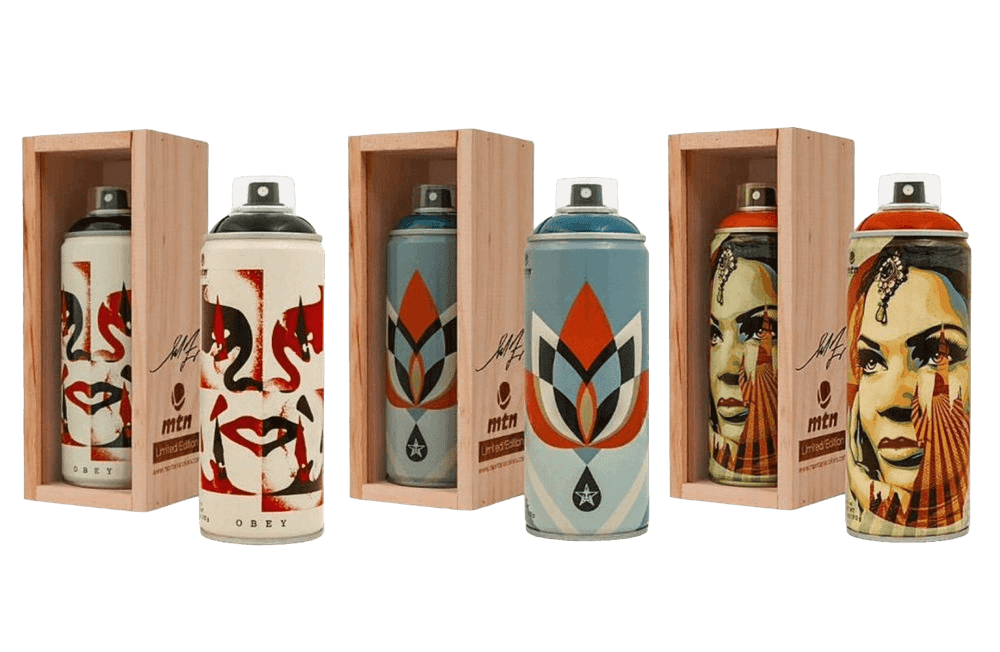 Shepard Fairey (Obey), ‘30th Anniversary Montana Spray Can Set (Hand-signed)’, 2019, Collectible, Set of three MTN Colors spray cans in individual logo wood displays, each hand-signed, null,