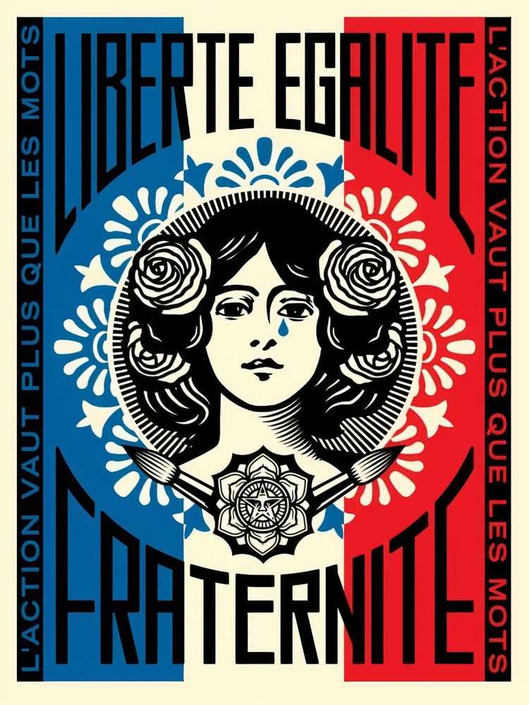 Shepard Fairey (Obey), ‘Marianne: L’action Vaut Plus Que Les Mots’, 2021, Print, Screenprint in colours on speckled paper, Self-released, Numbered, Dated