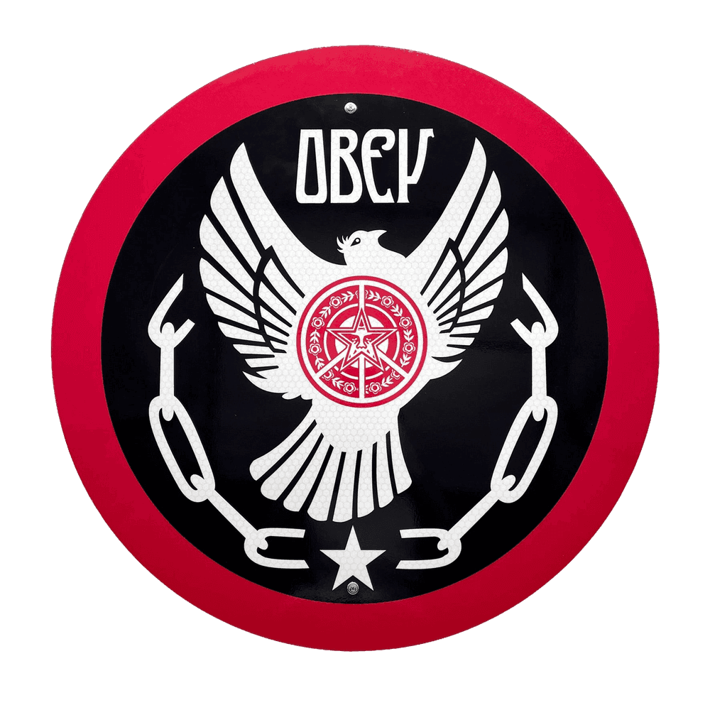 Shepard Fairey (Obey), ‘Peace & Freedom Dove (Metal Street Sign)’, 2021, Print, Screen print on 3M5100 reflective material mounted on 0.080-in aluminum; circular street sign, null, Numbered