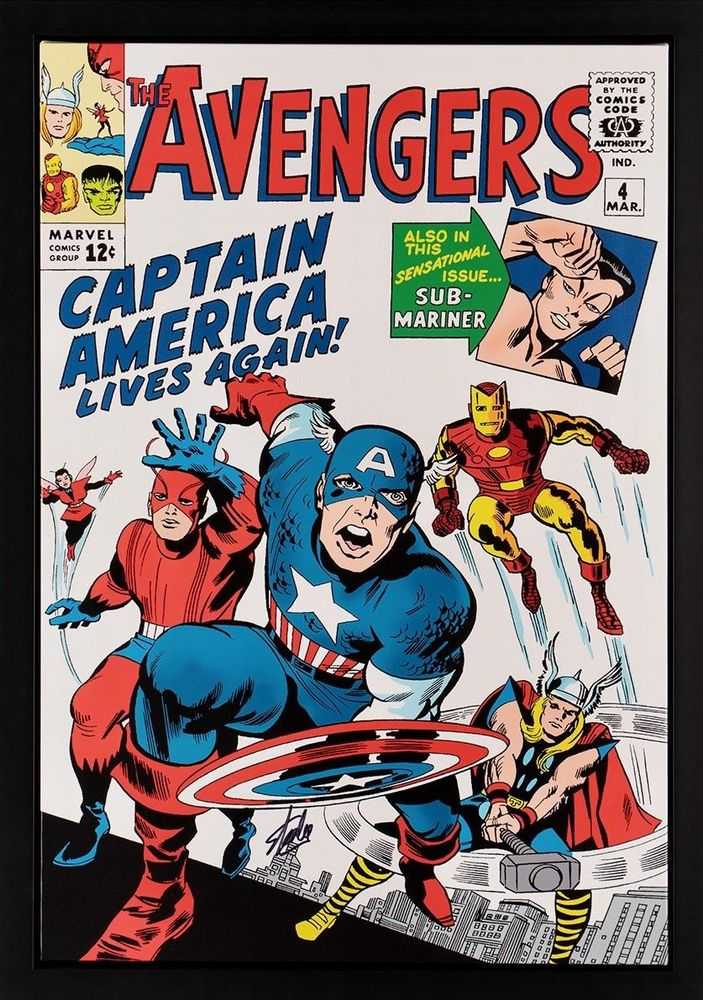 Stan Lee (Marvel), ‘The Avengers #4 - Captain America Lives Again! (Boxed Canvas)’, 2022, Print, Boxed canvas, Castle Fine Art, Numbered, Framed