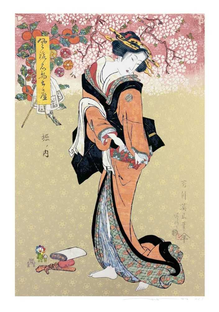 Takashi Murakami, ‘Kikukawa Eizan’s “Elegant Famous Local Specialties, Horinouchi’, 2026, Print, Archival pigment print and silkscreen on paper with glitter, Kaikai Kiki,