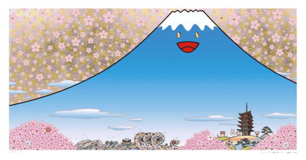 Takashi Murakami, ‘Mount Fuji in Spring and Japan Seen from Kanagawa-oki-namiura’, 2025, Print, Archival pigment print and silkscreen on paper with glitter
, null, Numbered
