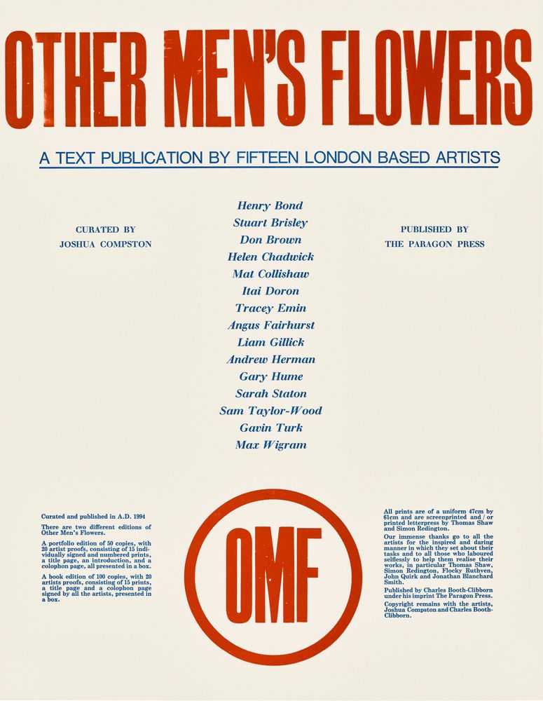 Tracey Emin, ‘Other Men's Flowers. A Text Publication by Fifteen London Based Artists’, 1994, Print, 16 screenprint or letterpress plates on various paper stock by 15 different artists, The Paragon Press,