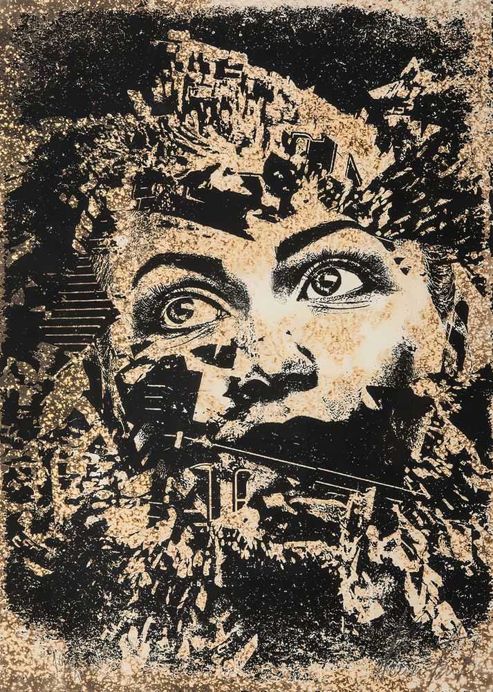 Vhils, ‘Atrito’, 2014, Print, Water based screenprint ink, Quink ink, bleach, and acid (hand-finished), Underdogs Gallery, Numbered, Handfinished