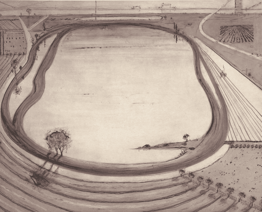 Wayne Thiebaud, ‘Reservoir’, 2014, Print, Direct gravure with aquatint and drypoint on gampi paper chine collé printed in brown, Crown Point Press, Numbered