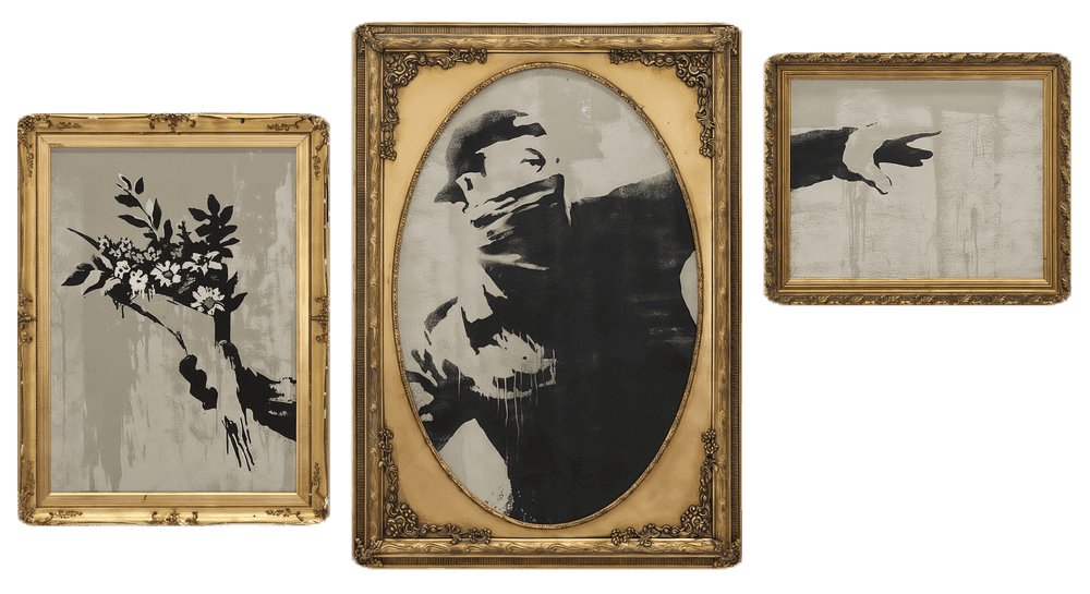 Banksy, ‘Flower Thrower Triptych VIP’, 2019, Print, Screenprinted triptych on Micron board, Self-released, Numbered, Framed
