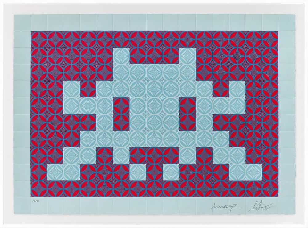 Shepard Fairey (Obey), ‘TT1-3 - Positive Space/Negative Space (Blue/Red)’, 2025, Print, Silkscreen print with embossing on cotton rag paper, null, Numbered, Framed