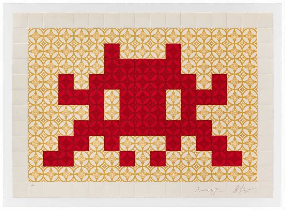Shepard Fairey (Obey), ‘TT1-1 - Positive Space/Negative Space (Red/Cream)’, 2025, Print, Silkscreen print with embossing on cotton rag paper, null, Numbered, Framed