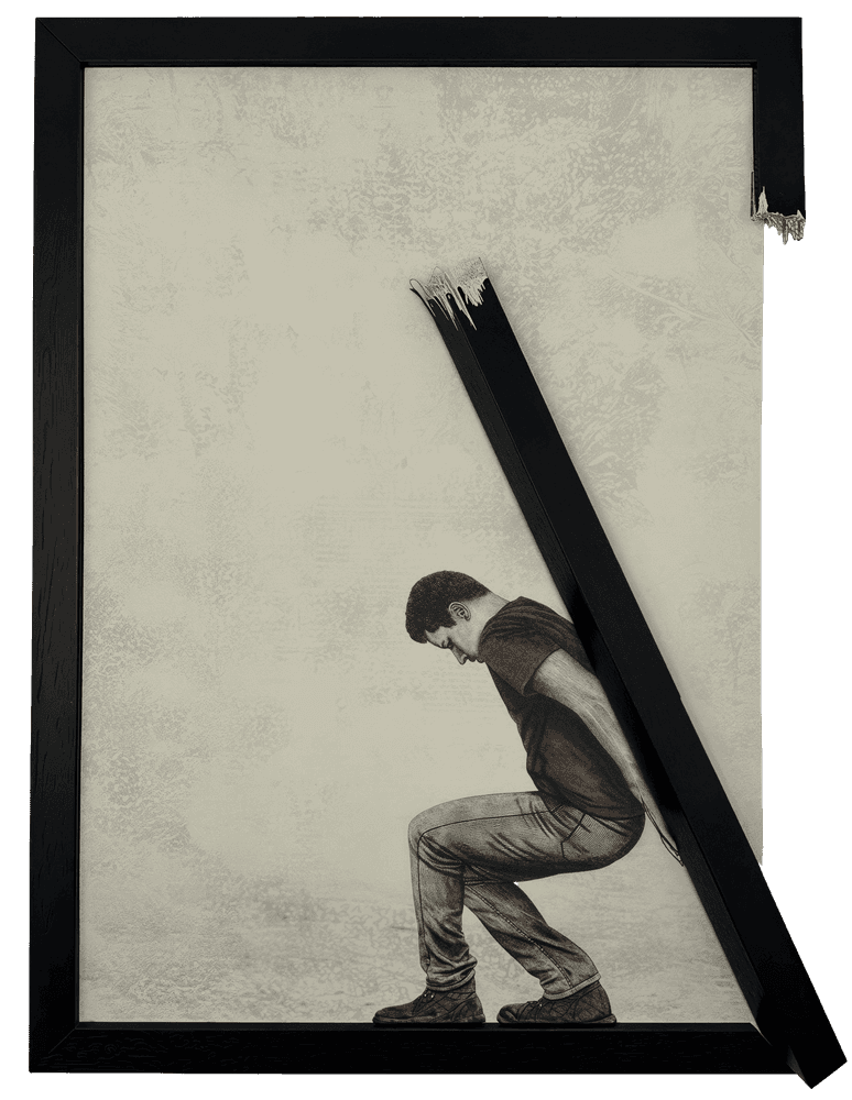 Andrew Scott, ‘Burden’, 2026, Print, Print on canvas with broken frame, Stowe Gallery, Framed