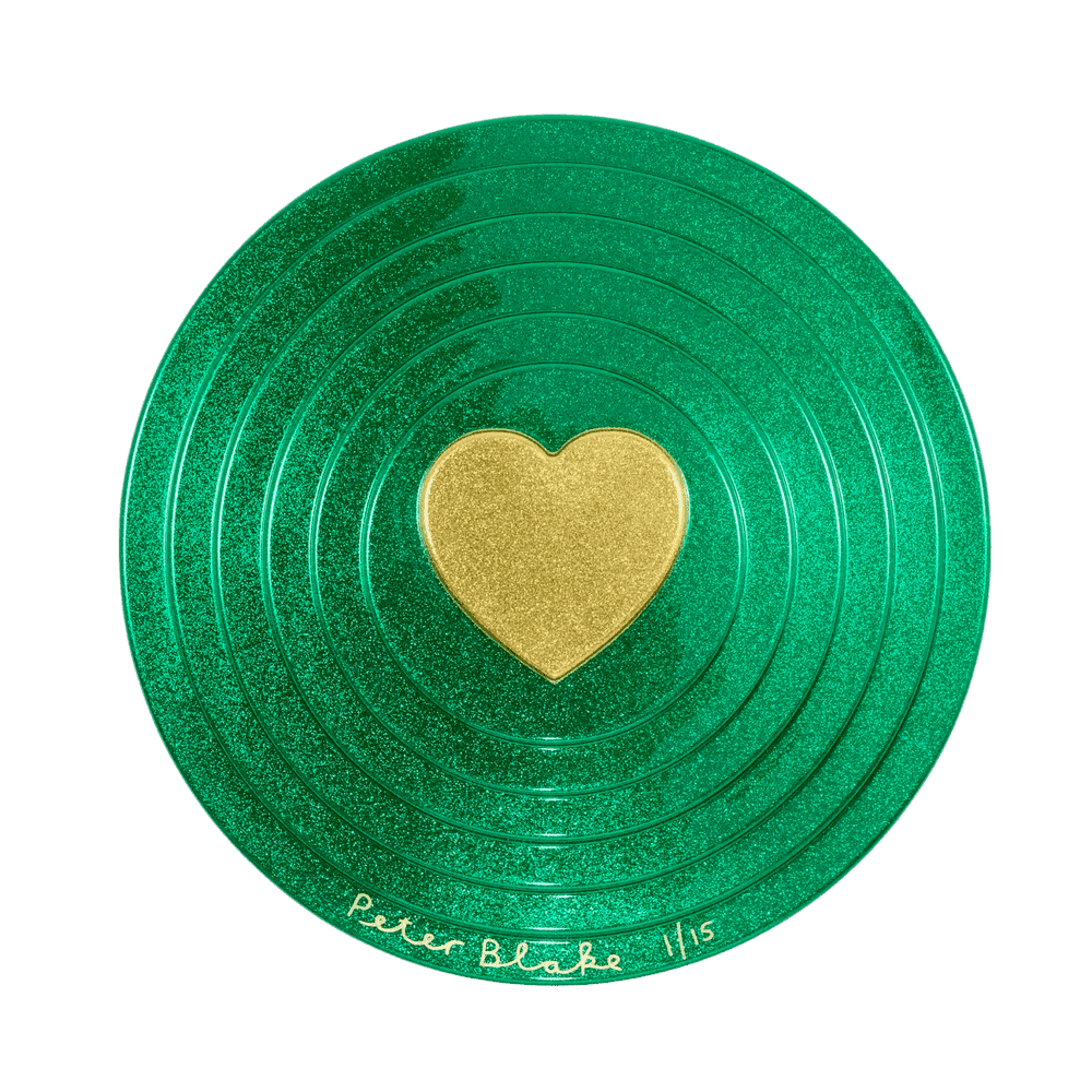 Peter Blake, ‘Gold Heart on Green Target (Metal Flake)’, 2017, Sculpture, Vacuum formed plastic, paint, null, Numbered