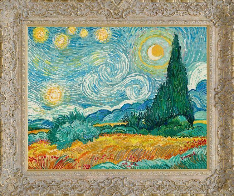 Starry Night With Wheat Field and Cypress Trees