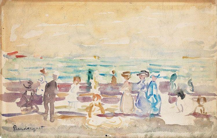 The Beach and Along the Sea with Boat and People (a double sided painting on paper)