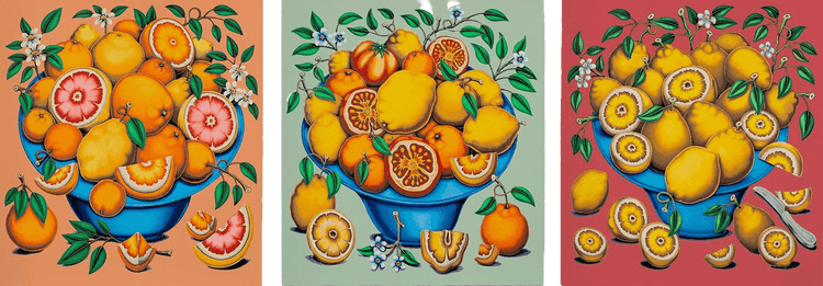Bowls with Citrus, Flowers and Sliced Tomatoes